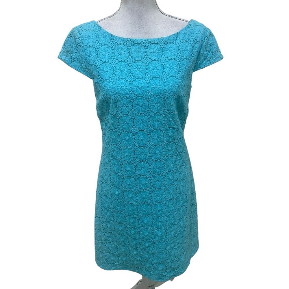 Lilly Pulitzer Turquoise floral Lace above the knee Dress cap sleeve size medium